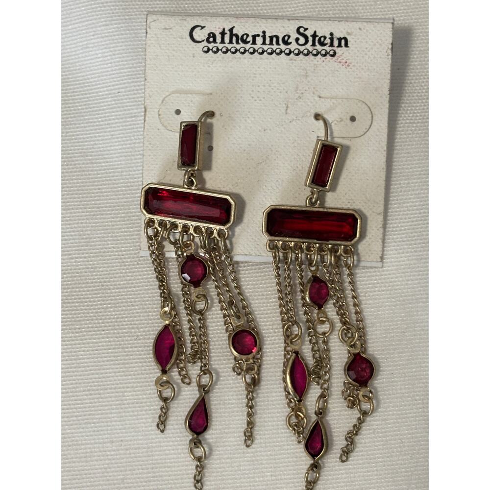 Catherine Stein Dangle Chandelier Earrings Gold Tone Red New - Picture 2 of 2